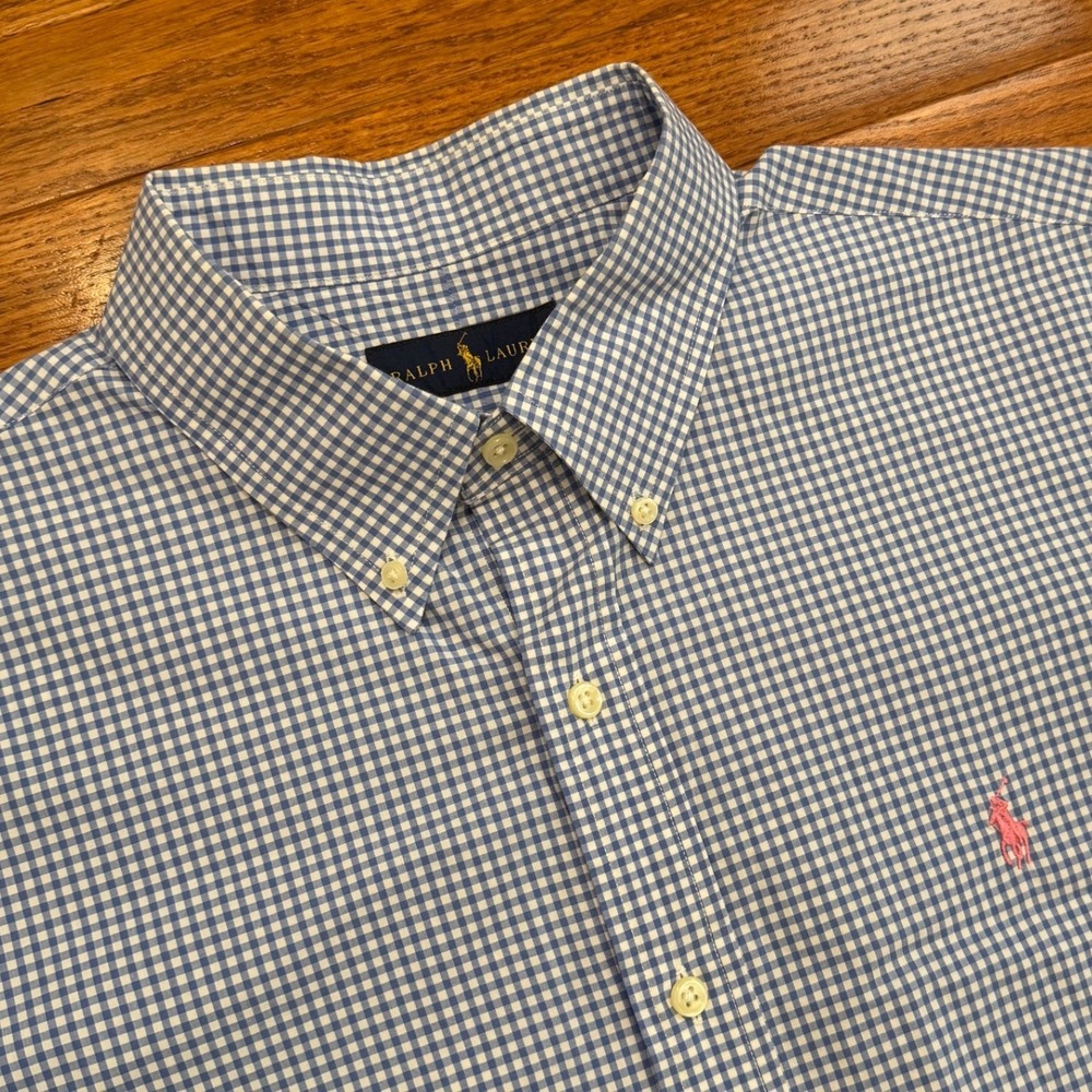 Polo Ralph Lauren Button-Down Dress Shirt Mens XL Blue Gingham Check Pink Pony